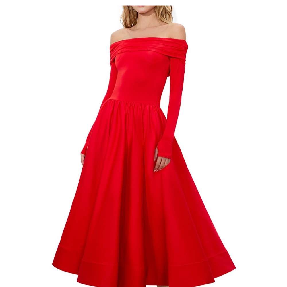 Alice + Olivia Red Off-Shoulder Long Sleeve A-Line Dress